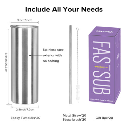 20 oz Skinny Stainless Steel Tumbler | 20 Pack