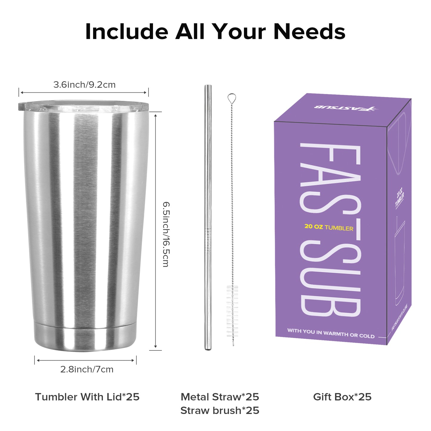 20 oz Metal Insulated Travel Tumbler with Lids  | 25 Pack - FASTSUB