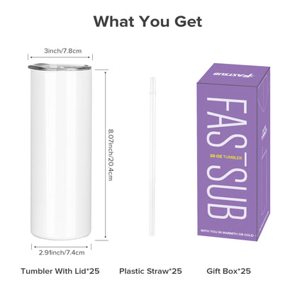 20 oz Skinny Sublimation Tumblers Wholesale | 25 Pack