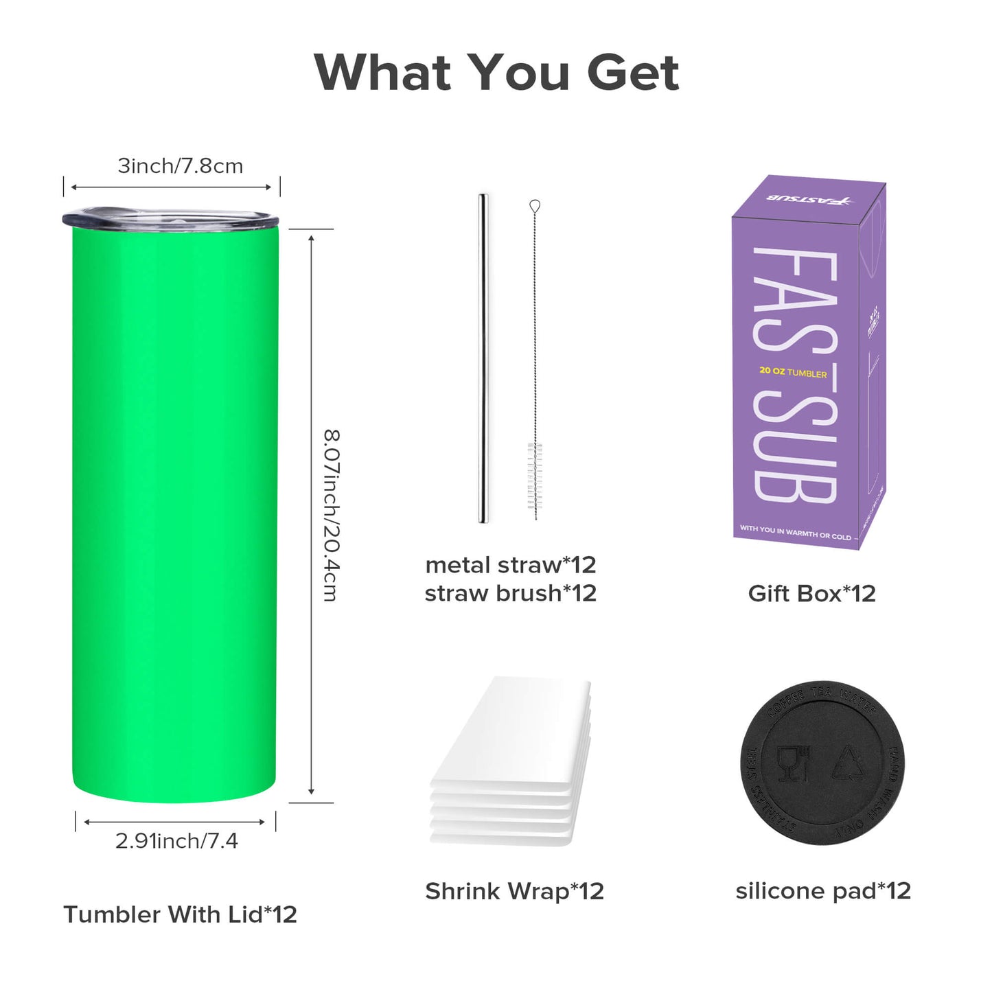 20 oz Glow In The Dark Sublimation Tumblers - Green | 12 Pack