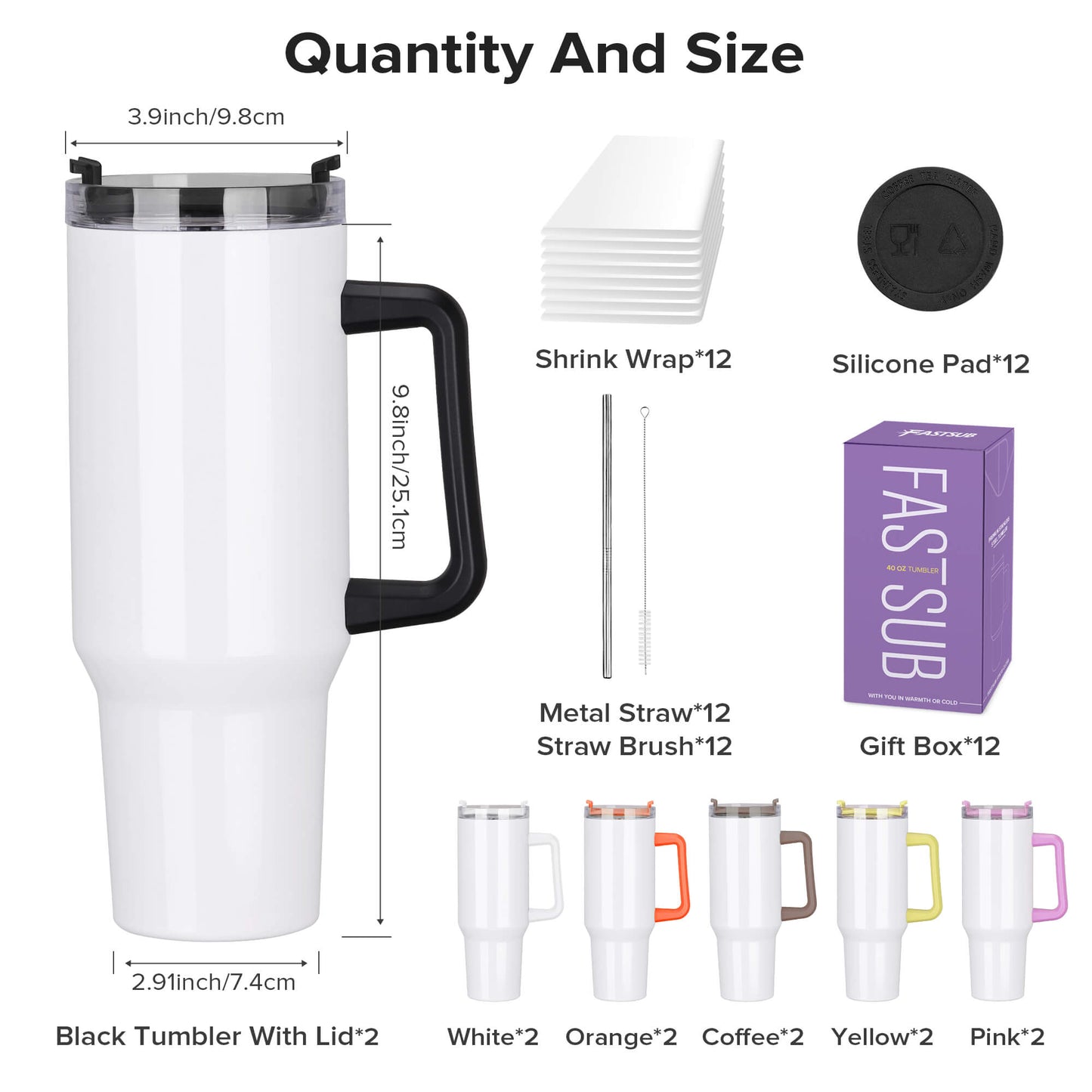 40 oz Sublimation Tumbler with Handle Bulk | 12 Pack - FASTSUB