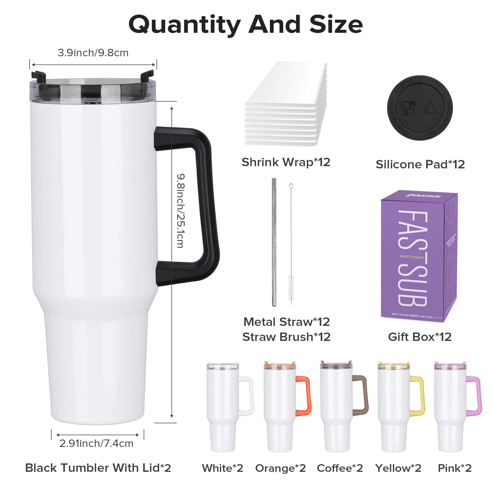 40 oz Sublimation Tumbler with Handle Bulk | 12 Pack - FASTSUB