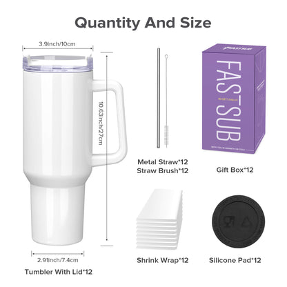 40 oz Sublimation Tumbler with White Handle | 12 Pack