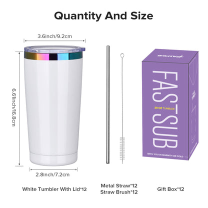 20 oz Stainless Steel Tumbler Rainbow Plated - White | 12 Pack - FASTSUB