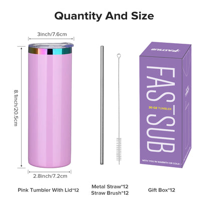20 oz Glossy Coated Skinny Straight Tumbler - Pink | 12 Pack